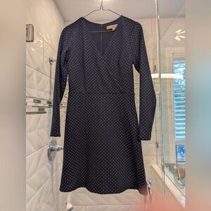 LOFT Dark Blue Long Sleeve Dress with White Dots. V-neck, Zip Up, Faux Wrap.
